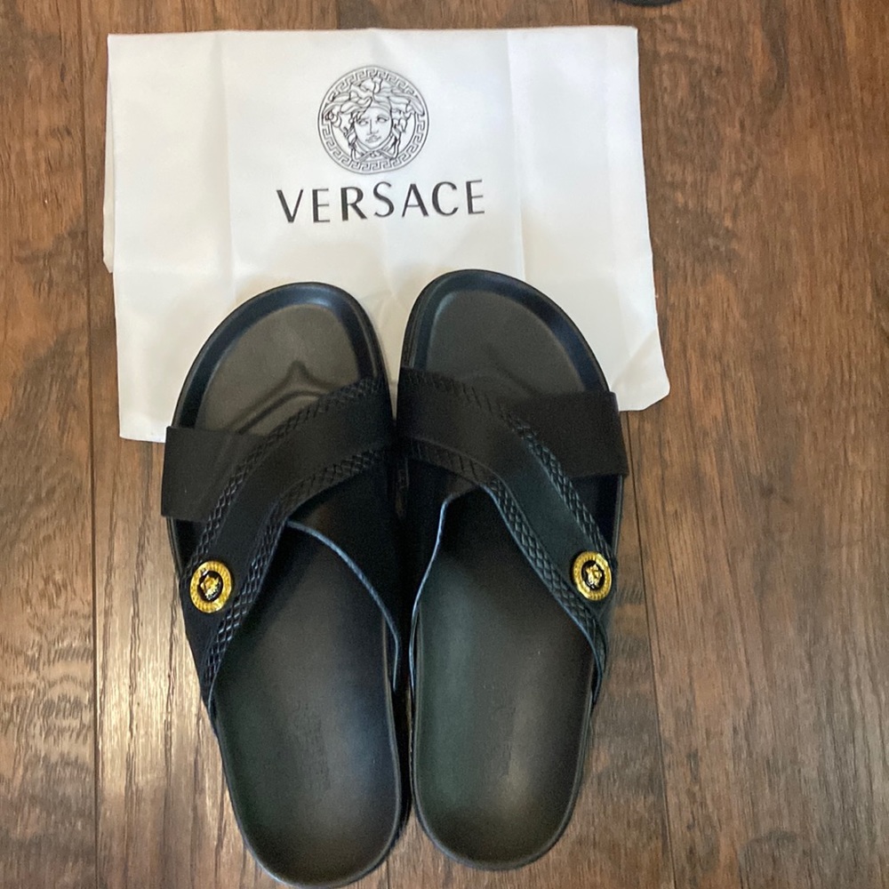 Luxury Black Versace Medusa slides.